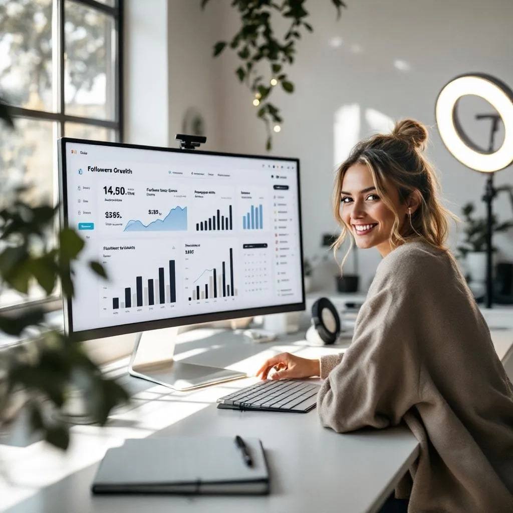 A smiling creator at a bright desk beside a monitor of audience growth charts, with a ring light behind her