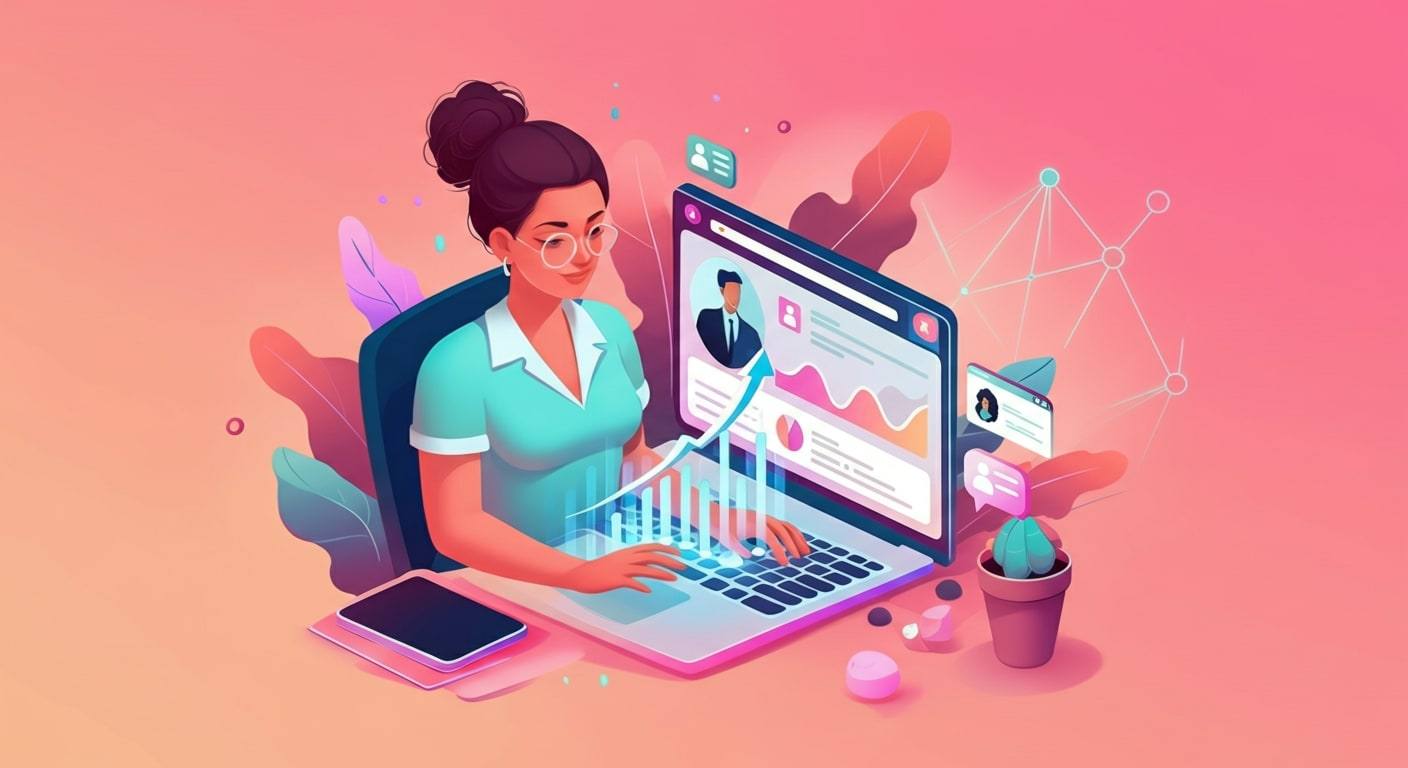 Illustration of a creator working on a laptop, with charts and profile cards floating around the screen