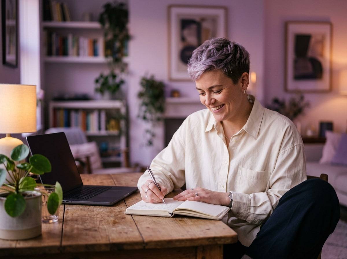 A smiling person with short lilac hair writing plans in a notebook at a wooden desk beside a laptop and a plant