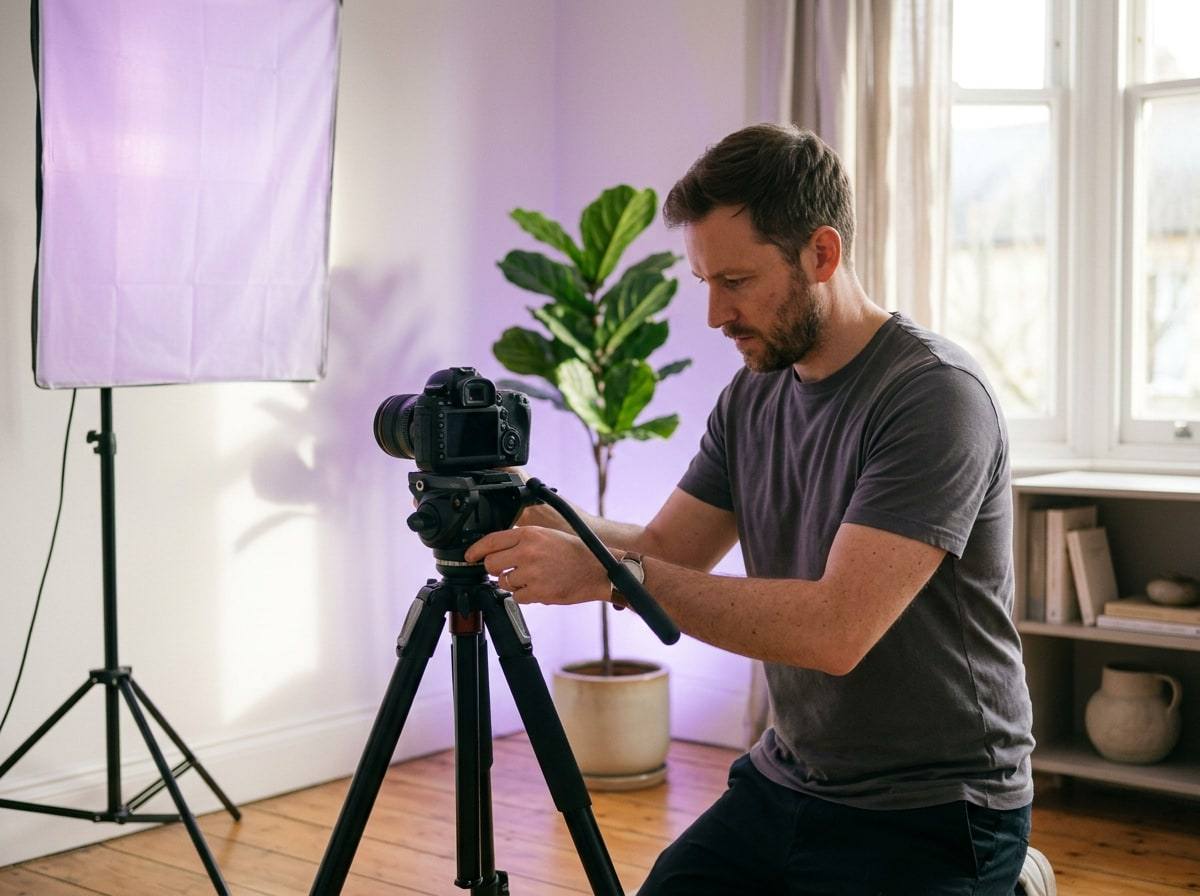 A man setting up a camera on a tripod in a home studio with a softbox light and a plant