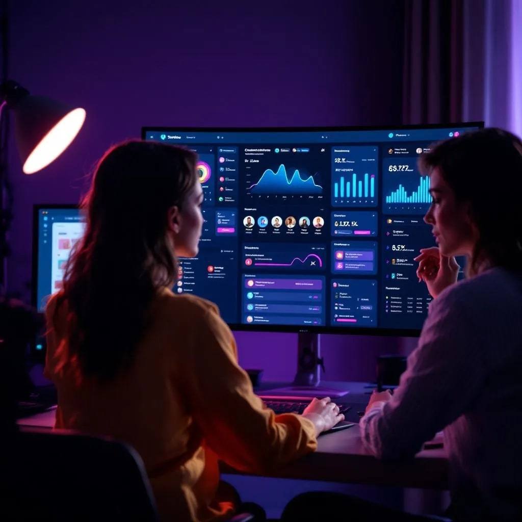 Two people talking in front of a large dashboard of charts in a dimly lit room